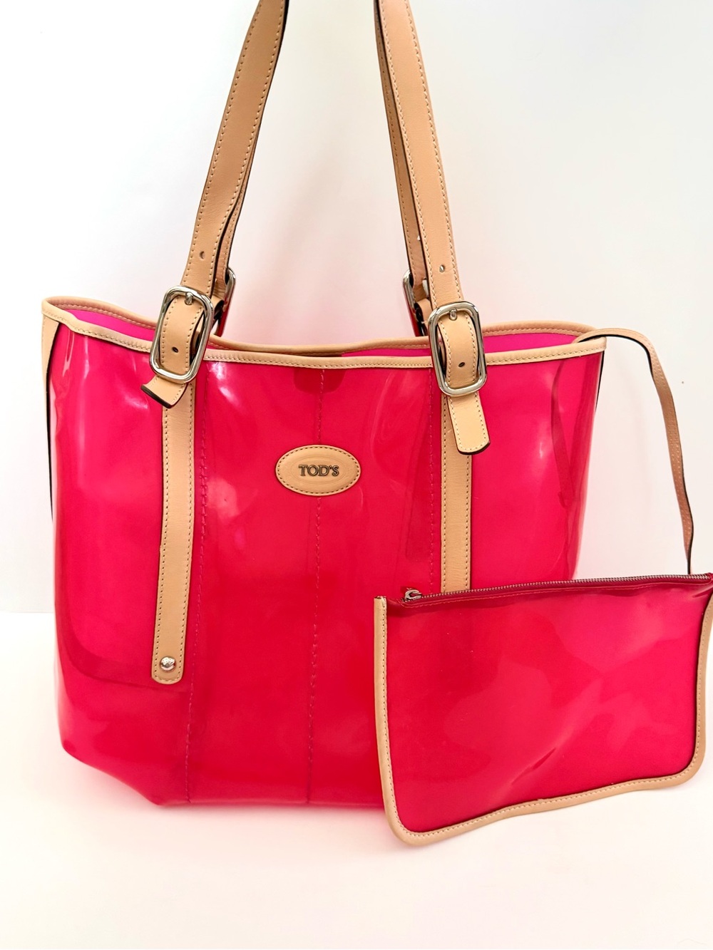 Tod’s PVC Tote Bag Pink Leather Trim Matching pouch
